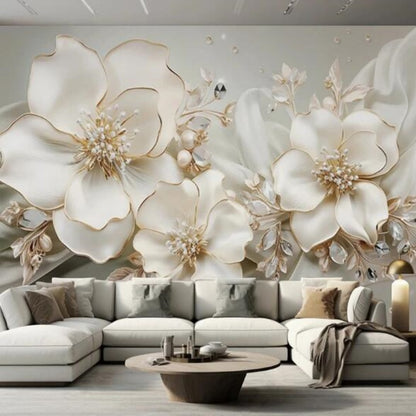 3D Embossed Flowers Jewelry Wallpaper Wall Mural Home Decor