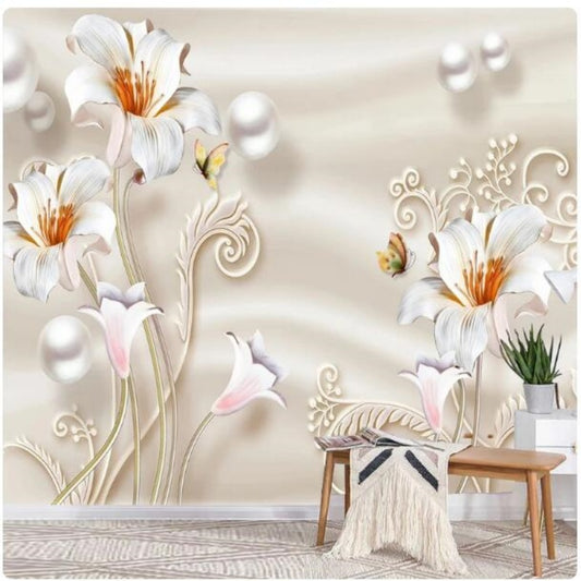 European 3D Lily Flowers Pearl Wallpaper Wall Mural Home Decor