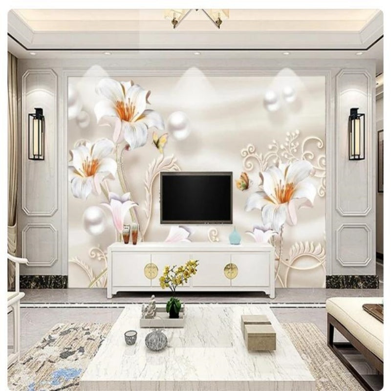European 3D Lily Flowers Pearl Wallpaper Wall Mural Home Decor
