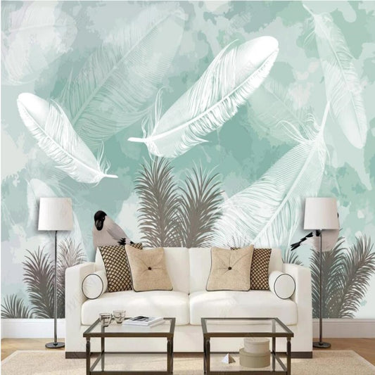 Mint Green Background White Feathers Wallpaper Wall Mural Home Decor