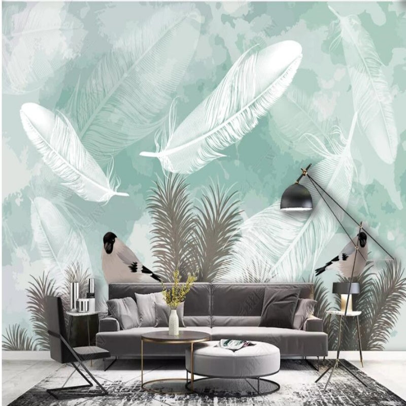 Mint Green Background White Feathers Wallpaper Wall Mural Home Decor
