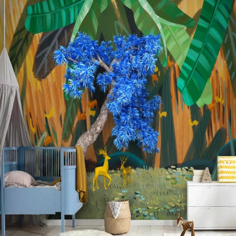 Cartoon Leaves and Blue Tree Nursery Wallpaper Wall Mural Home Decor