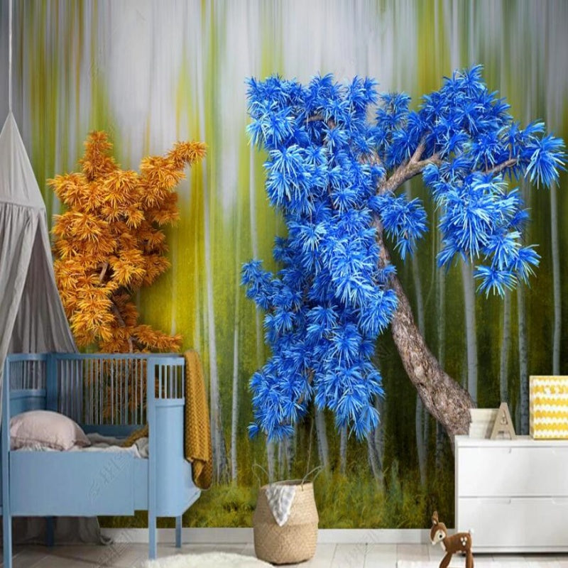 Cartoon Leaves and Blue Tree Nursery Wallpaper Wall Mural Home Decor