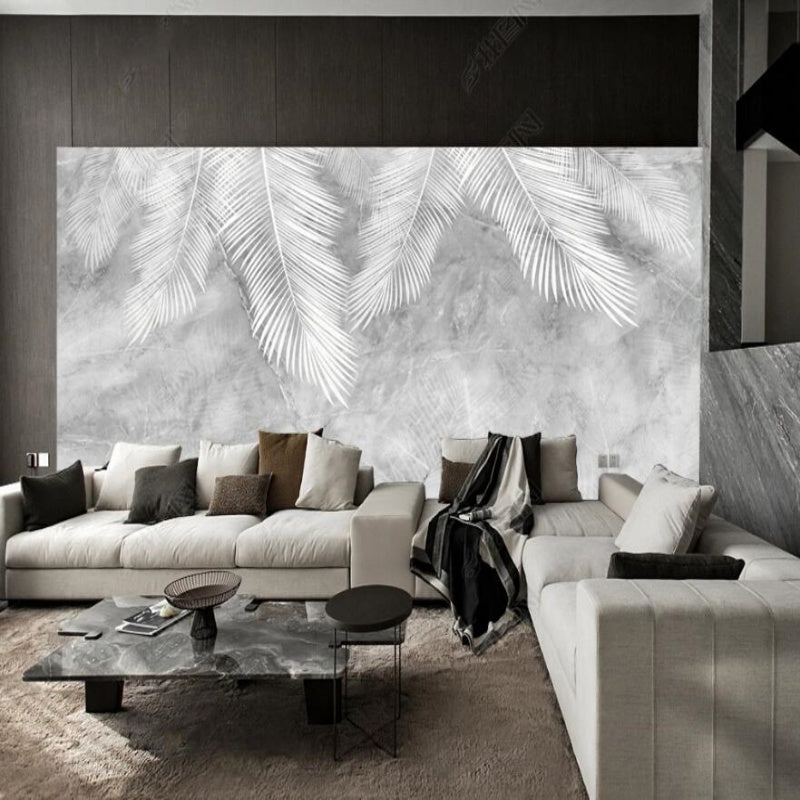 Abstract Grey Marble Hanging White Palm Leaves Wallpaper Wall Mural Home Decor