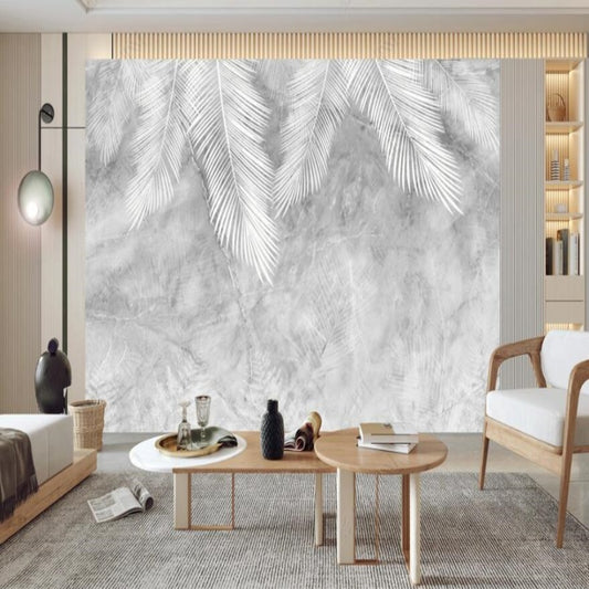 Abstract Grey Marble Hanging White Palm Leaves Wallpaper Wall Mural Home Decor