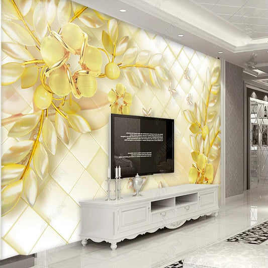 Original Golden Classical Relief Rose Flowers Branches Leaves Floral Wallpaper Wall Mural