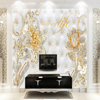 European Classical Luxury Gold Jewelry Flowers Floral Wallpaper Wall Mural Wall Covering