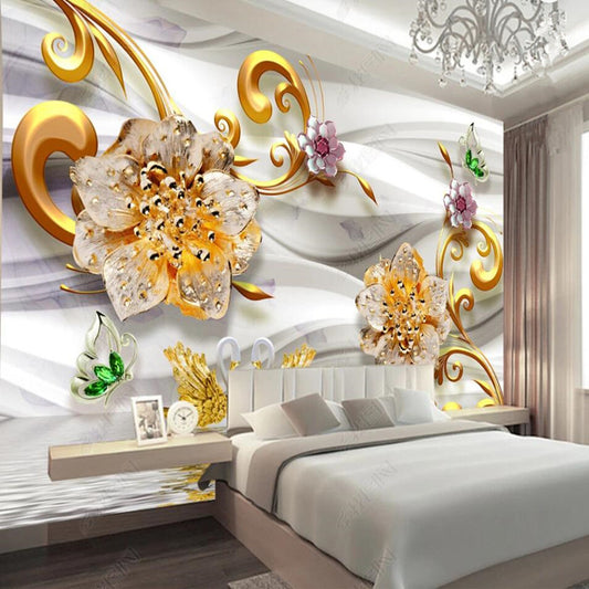 Luxury Gold Jewelry Flower European Jewelry Flowers Floral Wallpaper Wall Mural