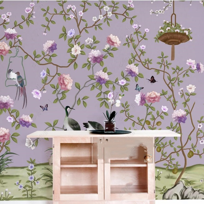 Chinoiserie Vine Peony Flowers with Birds Wallpaper Wall Mural Home Decor