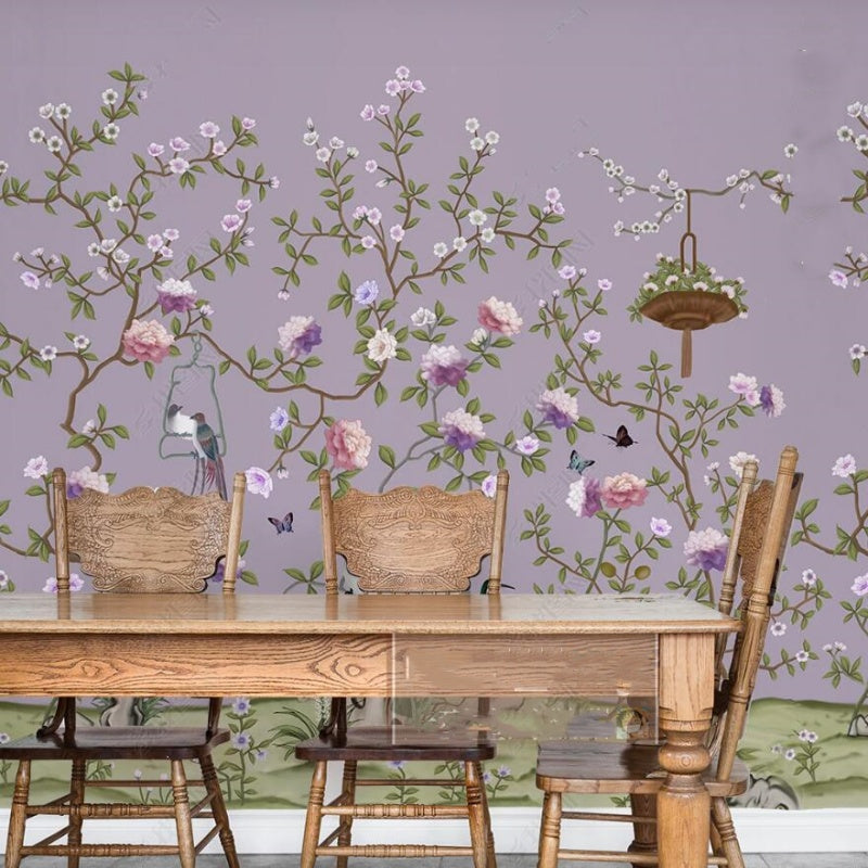 Chinoiserie Vine Peony Flowers with Birds Wallpaper Wall Mural Home Decor