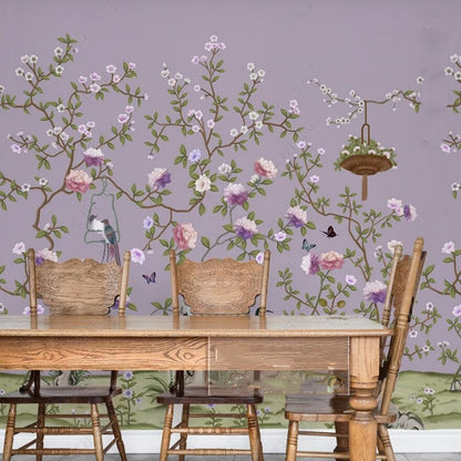 Chinoiserie Vine Peony Flowers with Birds Wallpaper Wall Mural Home Decor