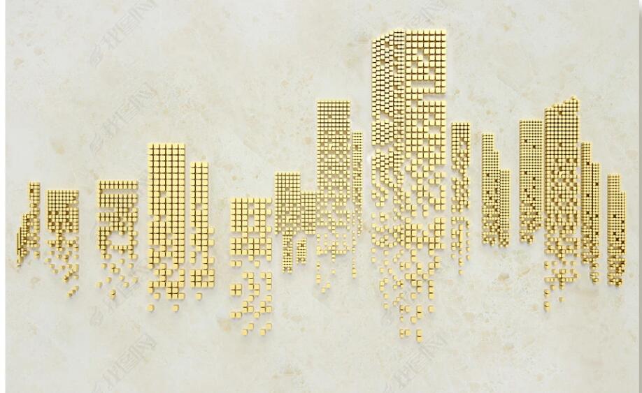 Original 3D Solid Geometric Block Splicing Golden City Architectures Wallpaper Wall Mural