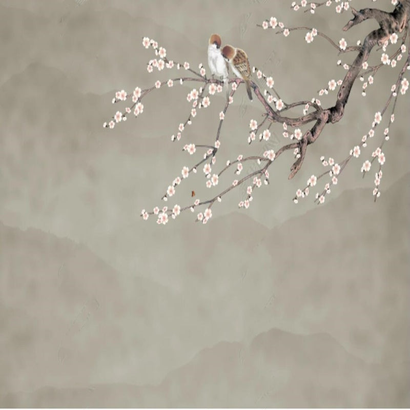 Chinoiserie Brushwrok Cherry Blossom with Birds Wallpaper Wall Mural Home Decor