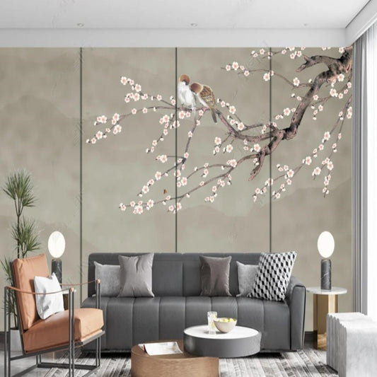 Chinoiserie Brushwrok Cherry Blossom with Birds Wallpaper Wall Mural Home Decor