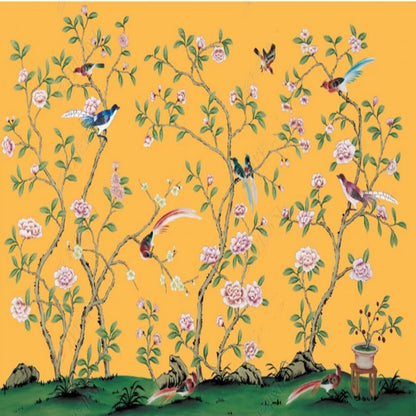 Chinoiserie Brushwrok Vine Peony Flowers with Birds Wallpaper Wall Mural Home Decor