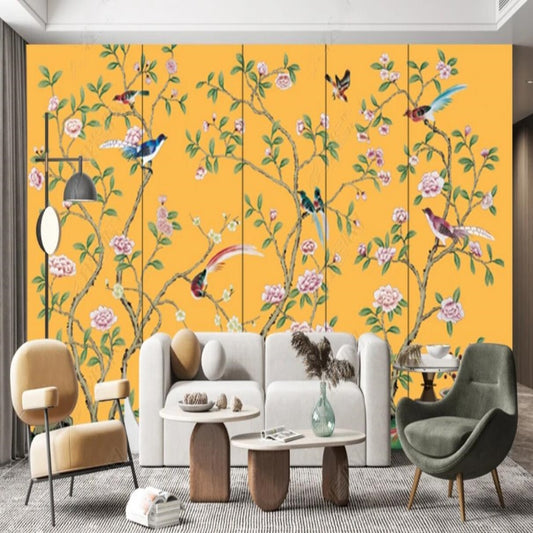 Chinoiserie Brushwrok Vine Peony Flowers with Birds Wallpaper Wall Mural Home Decor