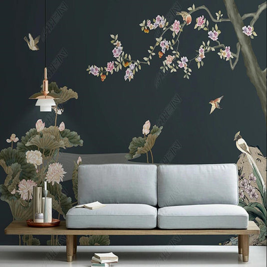 Chinoiserie Vintage Lotus Cherry Blossom Wallpaper Wall Mural Home Decor