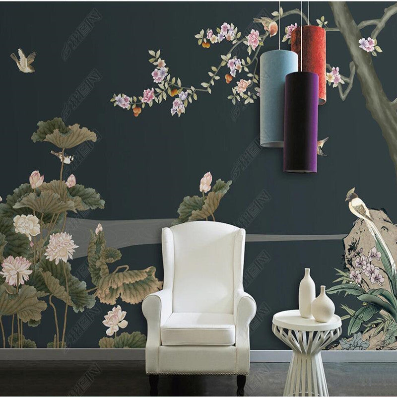 Chinoiserie Vintage Lotus Cherry Blossom Wallpaper Wall Mural Home Decor