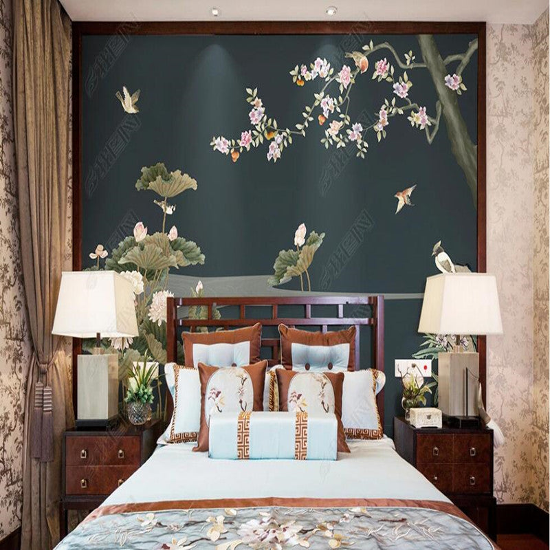 Chinoiserie Vintage Lotus Cherry Blossom Wallpaper Wall Mural Home Decor