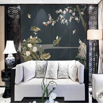 Chinoiserie Vintage Lotus Cherry Blossom Wallpaper Wall Mural Home Decor