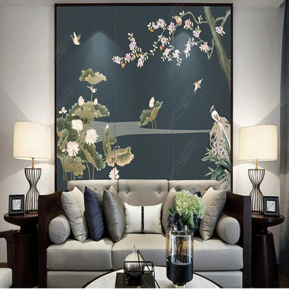 Chinoiserie Vintage Lotus Cherry Blossom Wallpaper Wall Mural Home Decor