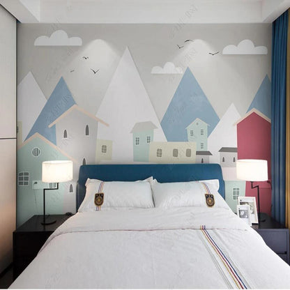 Geometric Mountain Peaks Houses Nursery Wallpaper Wall Mural Home Decor