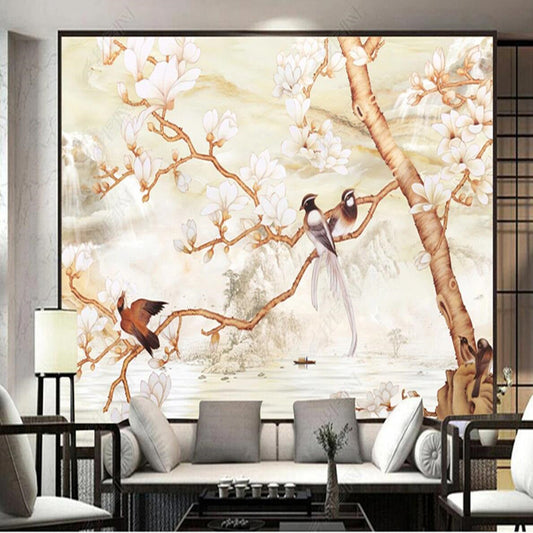 Chinoserie  Magnolia Flowers and Bird Branch Background Wall Covering Wallpaper Wall Mural