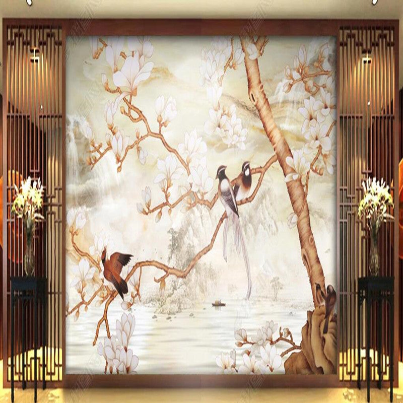 Chinoserie  Magnolia Flowers and Bird Branch Background Wall Covering Wallpaper Wall Mural