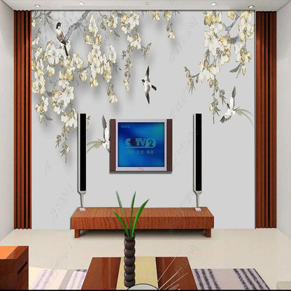 Chinoserie Cherry Blossom Branch Flowers and Birds Wall Covering Wallpaper Wall Mural