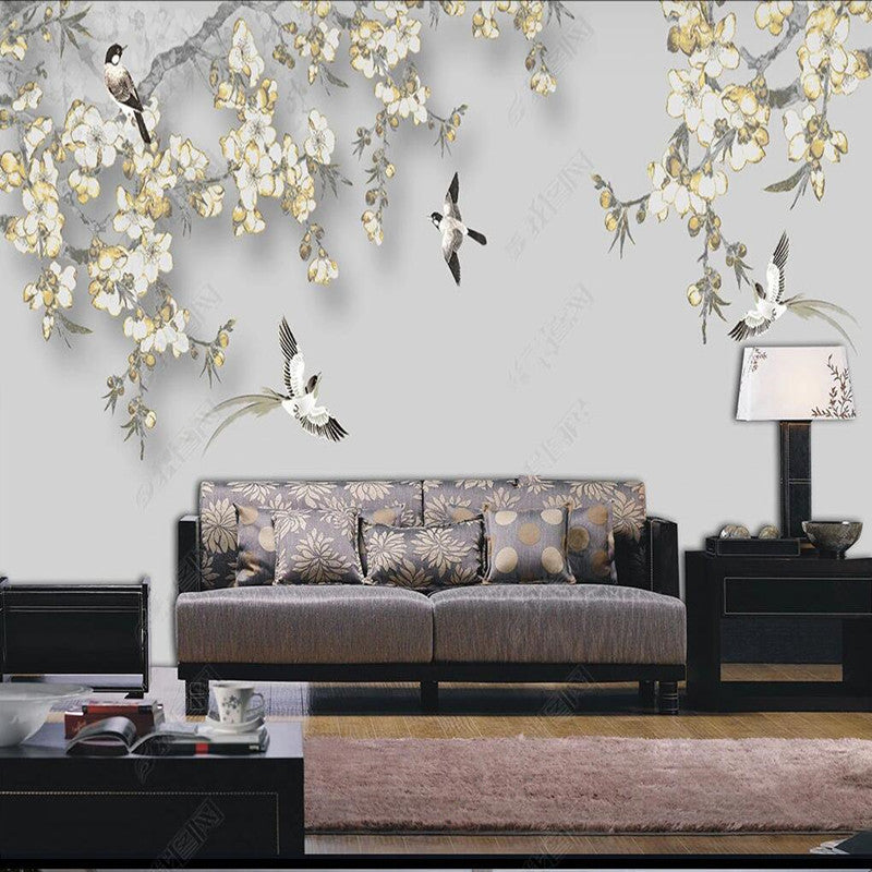 Chinoserie Cherry Blossom Branch Flowers and Birds Wall Covering Wallpaper Wall Mural