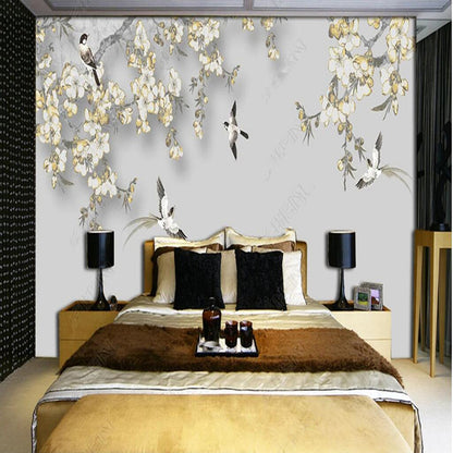 Chinoserie Cherry Blossom Branch Flowers and Birds Wall Covering Wallpaper Wall Mural