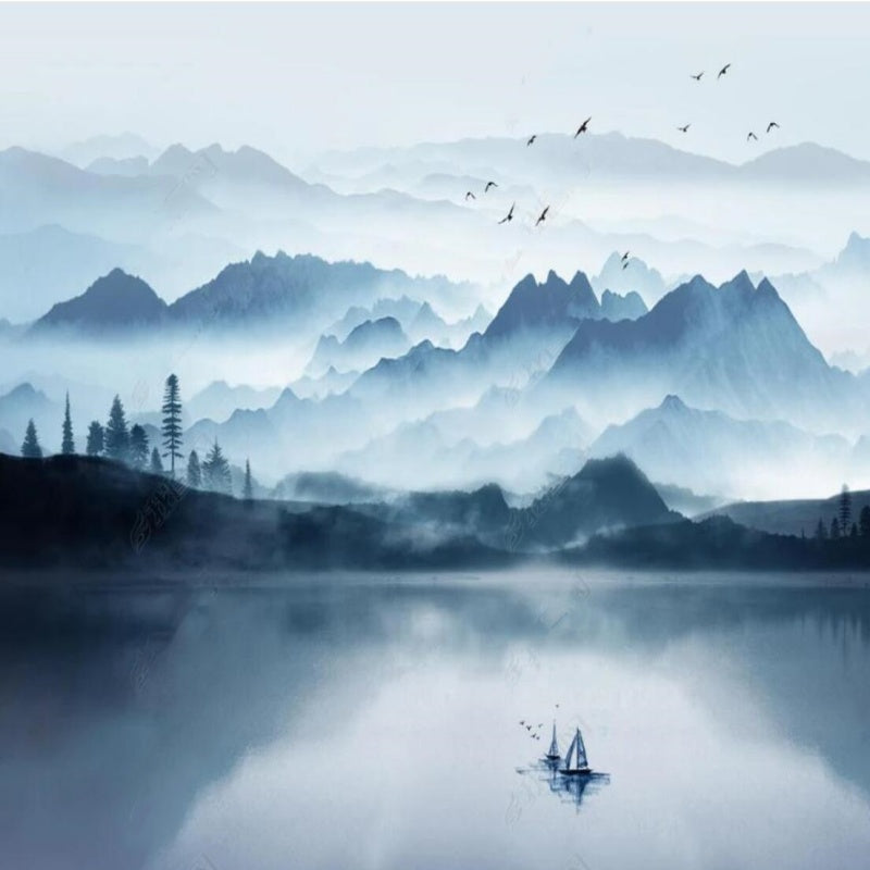 Blue Ombre Mountains Nature Landscape with Lake Wallpaper Wall Mural Home Decor