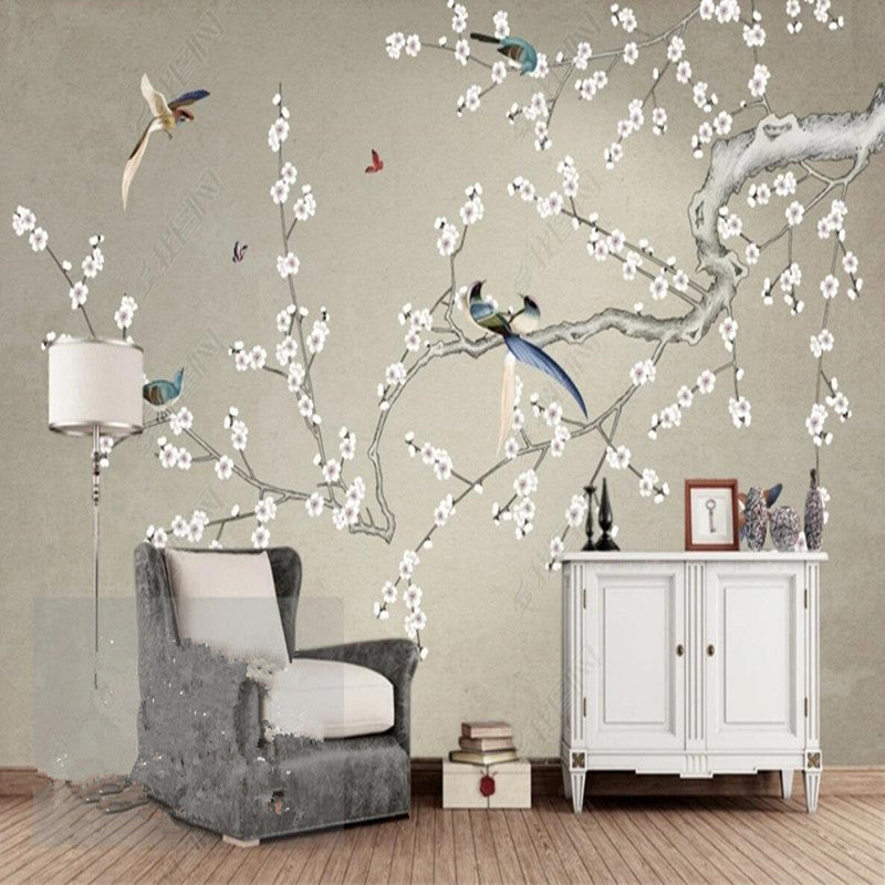 Chinoserie Retro Cherry Blossom Flowers and Birds Wall Covering Wallpaper Wall Mural