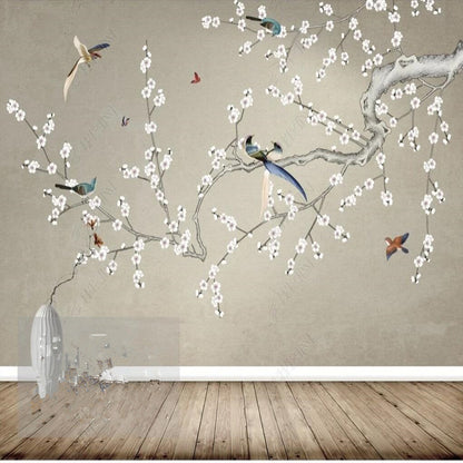 Chinoserie Retro Cherry Blossom Flowers and Birds Wall Covering Wallpaper Wall Mural