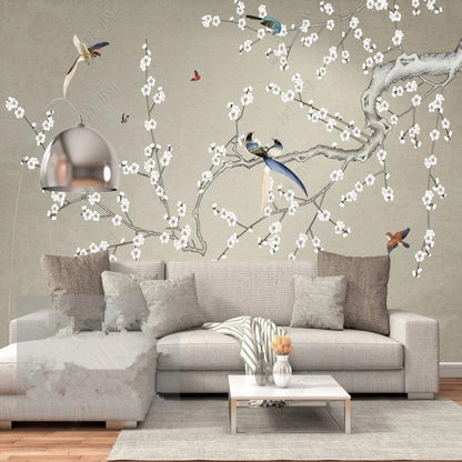 Chinoserie Retro Cherry Blossom Flowers and Birds Wall Covering Wallpaper Wall Mural