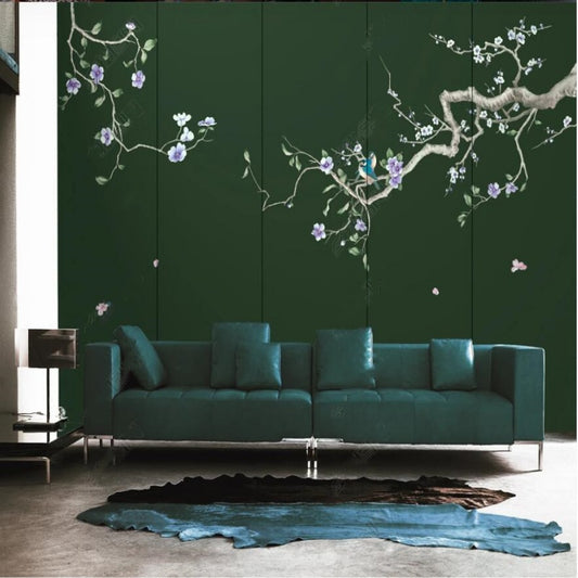 Chinoiserie Brushwrok Hanging Cherry Blossom with Birds Wallpaper Wall Mural Home Decor