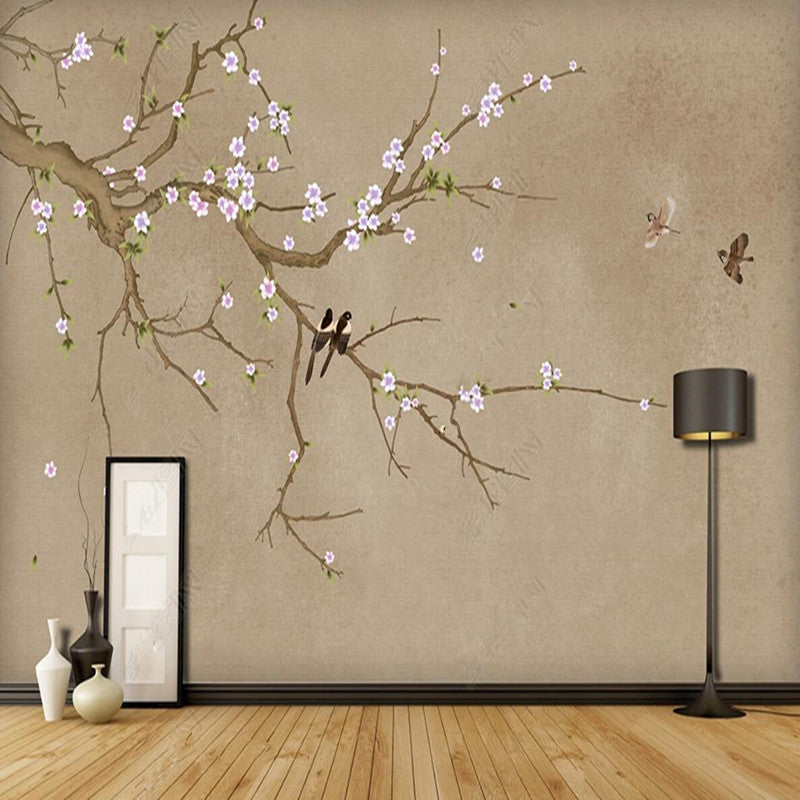 Chinoserie Retro Cherry Blossom Branch Flowers and Birds Wall Covering Wallpaper Wall Mural