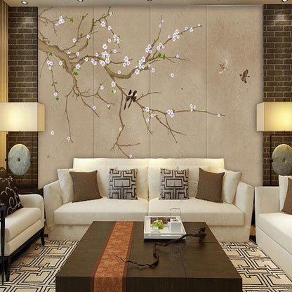 Chinoserie Retro Cherry Blossom Branch Flowers and Birds Wall Covering Wallpaper Wall Mural