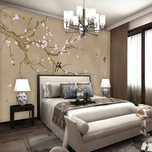 Chinoserie Retro Cherry Blossom Branch Flowers and Birds Wall Covering Wallpaper Wall Mural