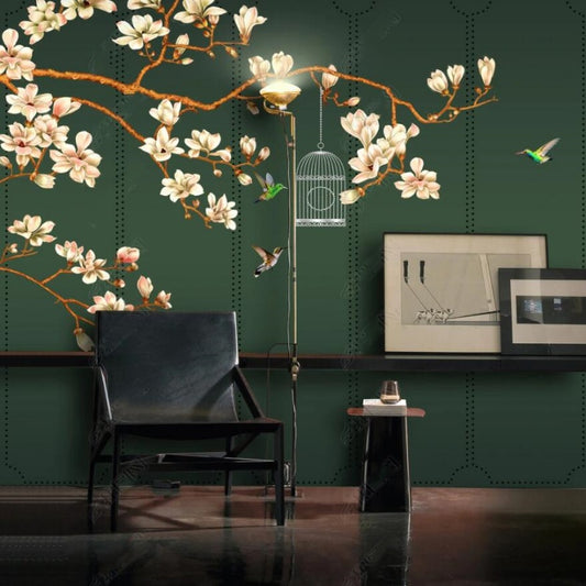 Chinoiserie Brushwrok Hanging Magnolia Blossom with Birds Wallpaper Wall Mural Home Decor