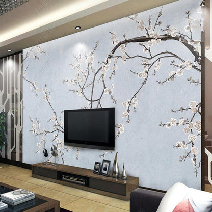 Chinoserie Cherry Blossom Branch Flowers and Birds Wall Covering Wallpaper Wall Mural