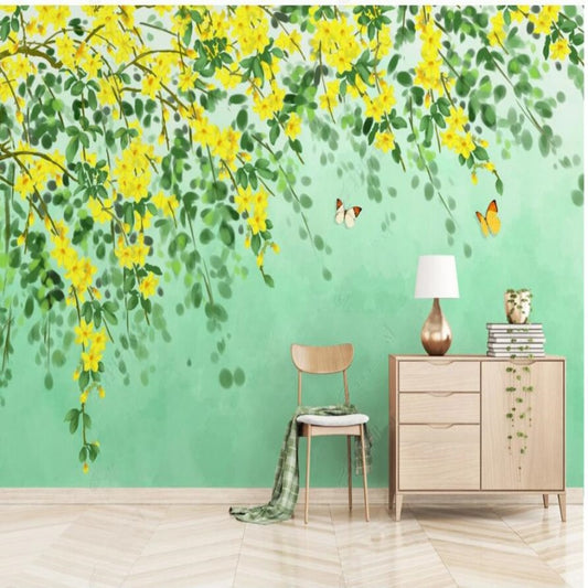 Yellow Flowers Floral with Green Leaves Wallpaper Wall Mural Home Decor