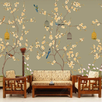 Chinoserie Cherry Blossom Vines Flowers and Birds Wall Covering Wallpaper Wall Mural