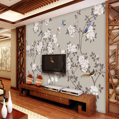 Chinoserie Cherry Blossom Vines Flowers and Birds Wall Covering Wallpaper Wall Mural