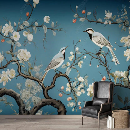 Chinoiserie Retro Nostalgia Magnolia Blossom with Birds Wallpaper Wall Mural