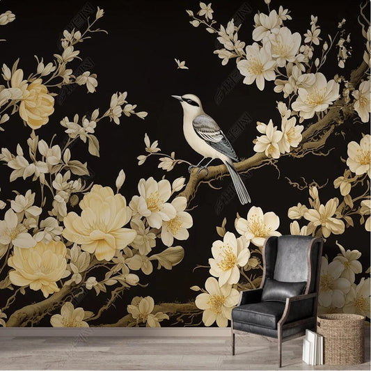 Chinoiserie Retro Nostalgia Magnolia Blossom Branch with Birds Wallpaper Wall Mural
