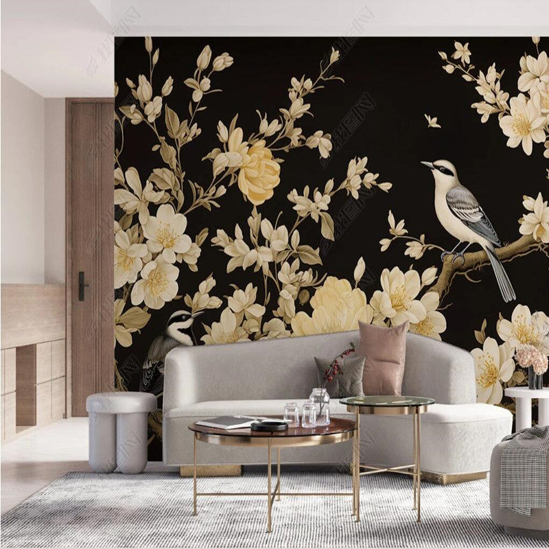 Chinoiserie Retro Nostalgia Magnolia Blossom Branch with Birds Wallpaper Wall Mural