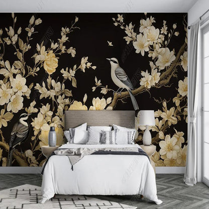 Chinoiserie Retro Nostalgia Magnolia Blossom Branch with Birds Wallpaper Wall Mural