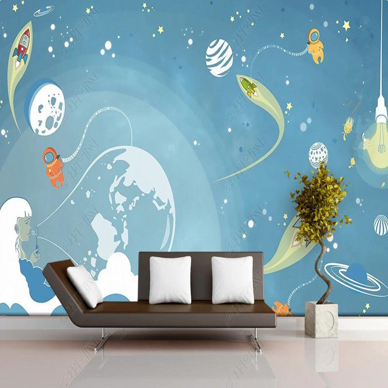 Cartoon Space Planet Starry Sky Spaceship Children Room Nursery Wallpaper Wall Mural