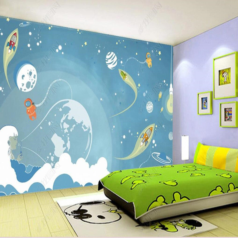 Cartoon Space Planet Starry Sky Spaceship Children Room Nursery Wallpaper Wall Mural